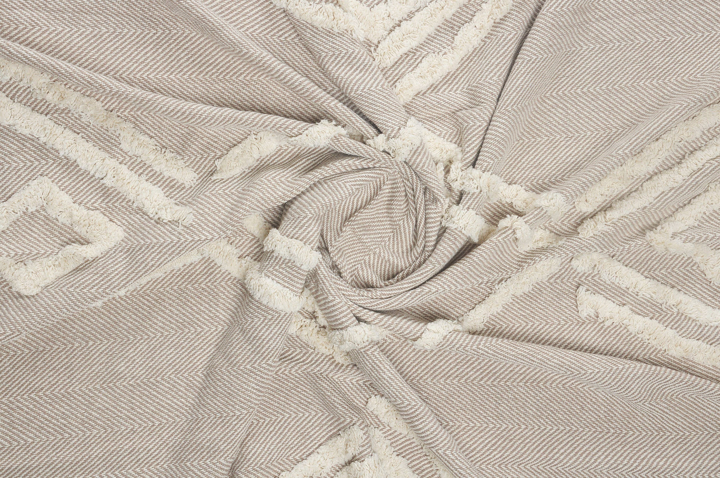 Couverture touffetée géométrique beige et crème avec franges