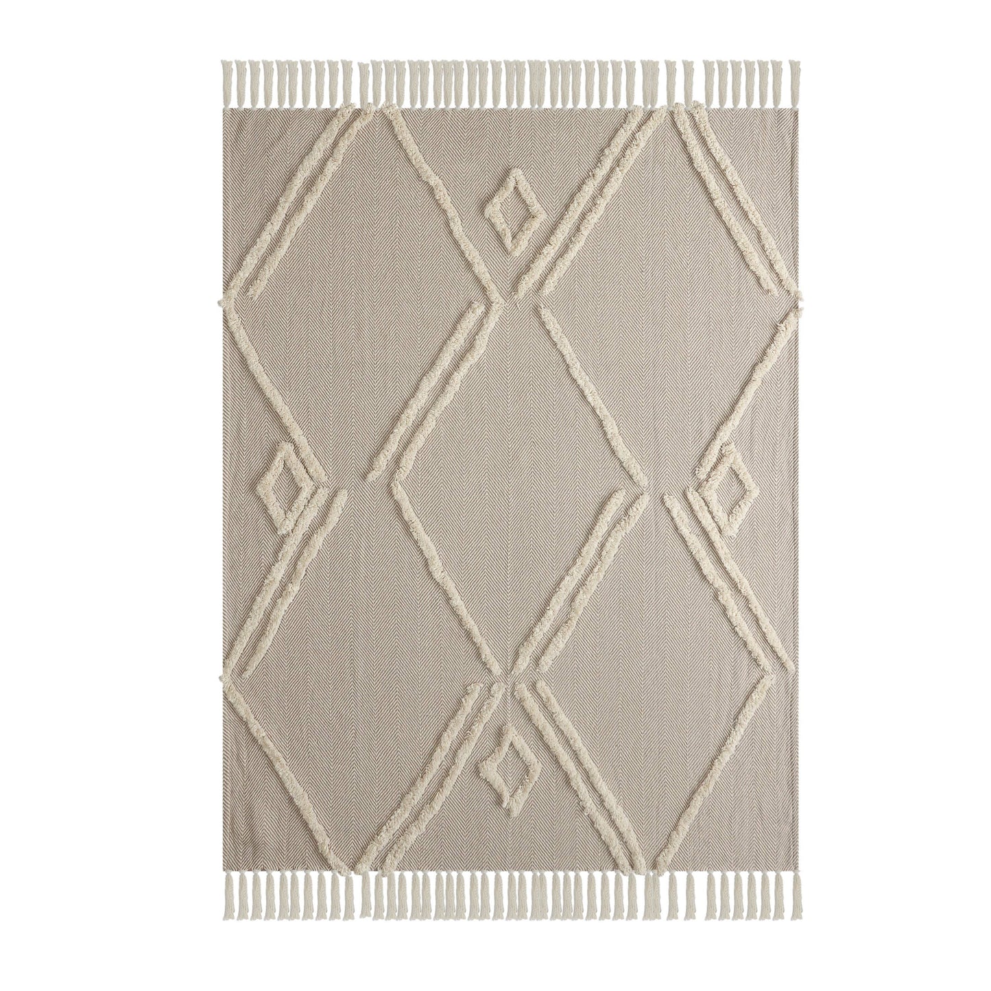 Couverture touffetée géométrique beige et crème avec franges