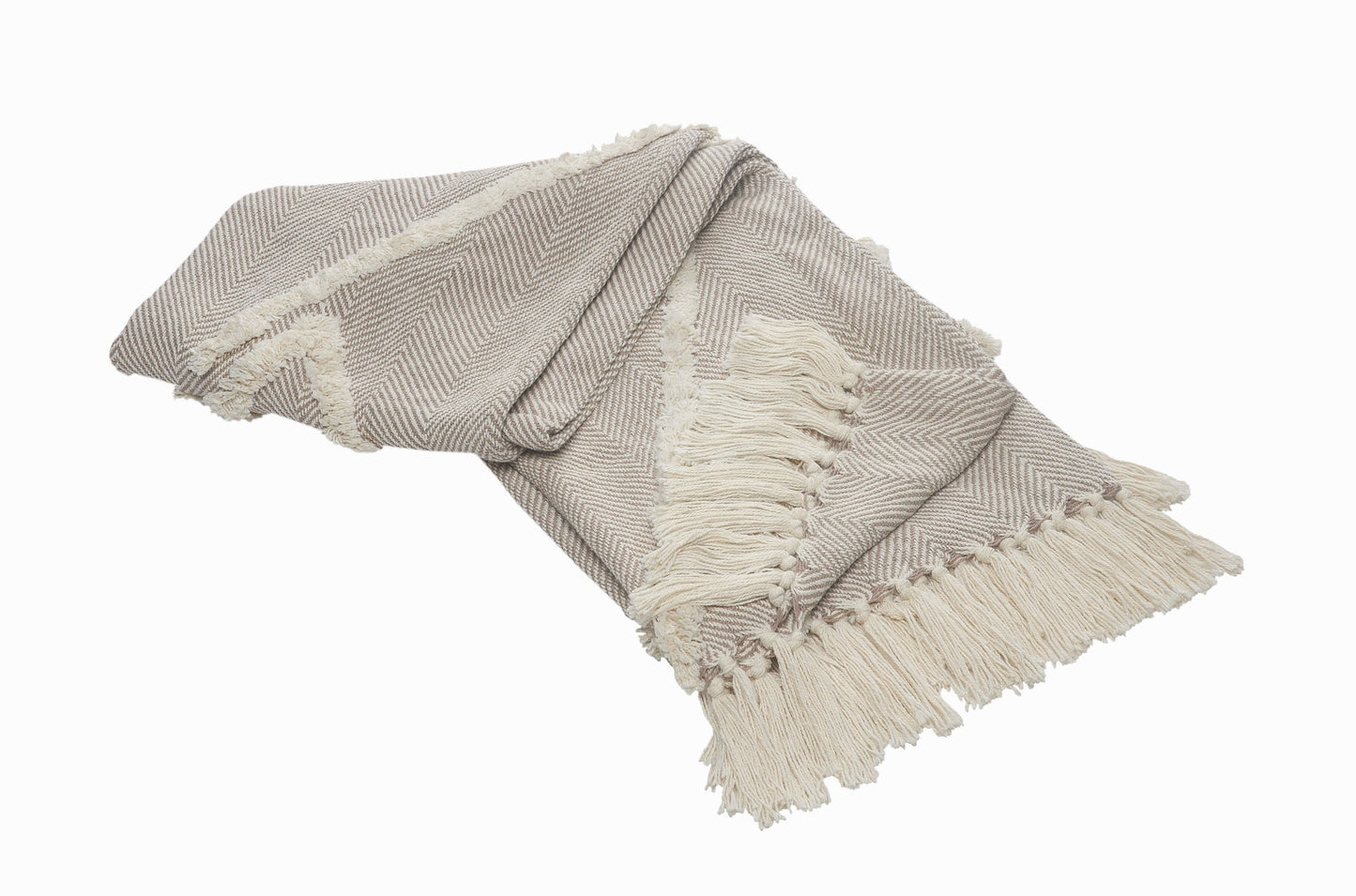 Couverture touffetée géométrique beige et crème avec franges
