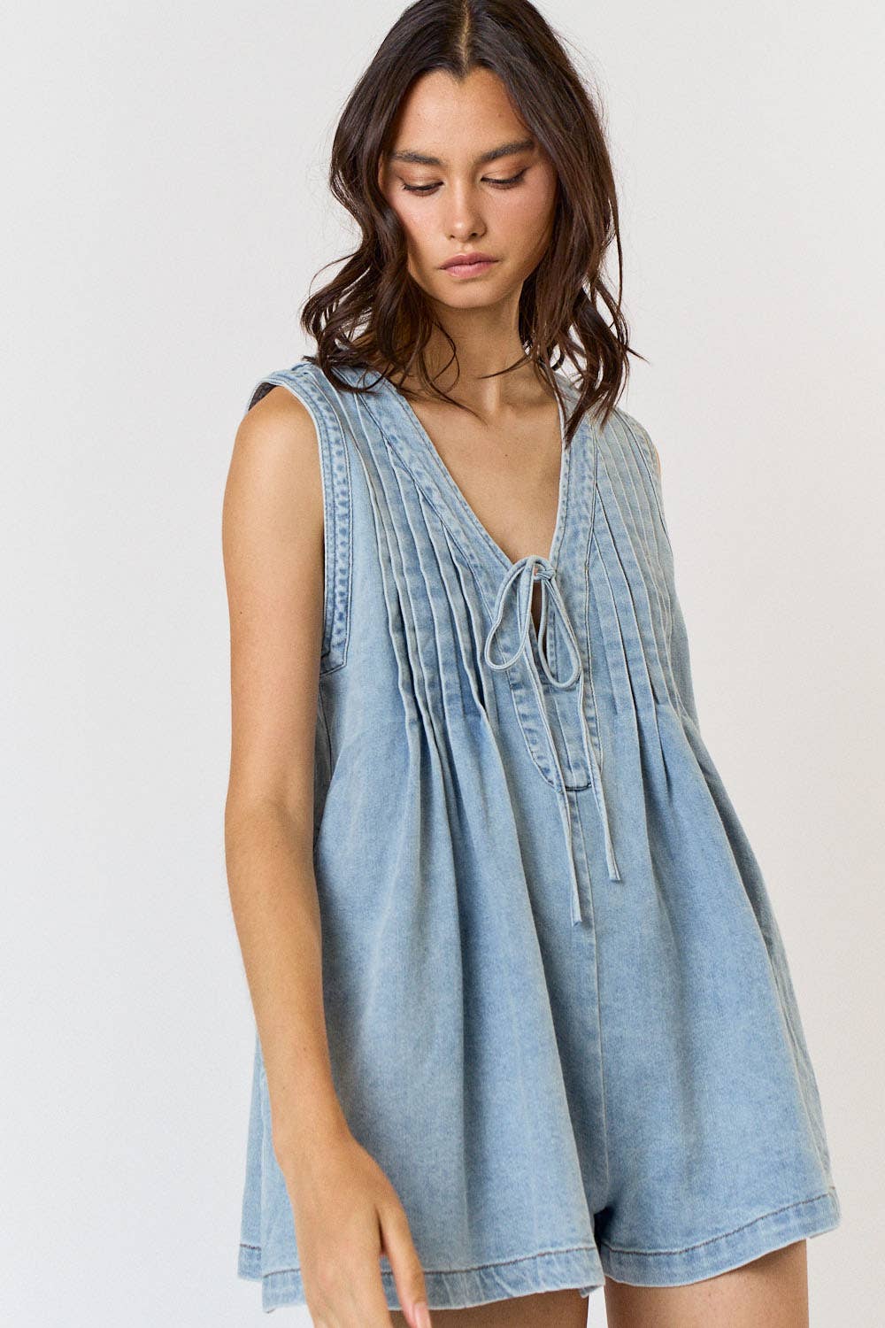 Pleated Denim Sleeveless Romper