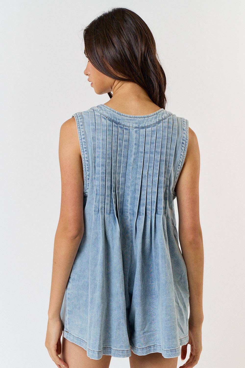 Pleated Denim Sleeveless Romper