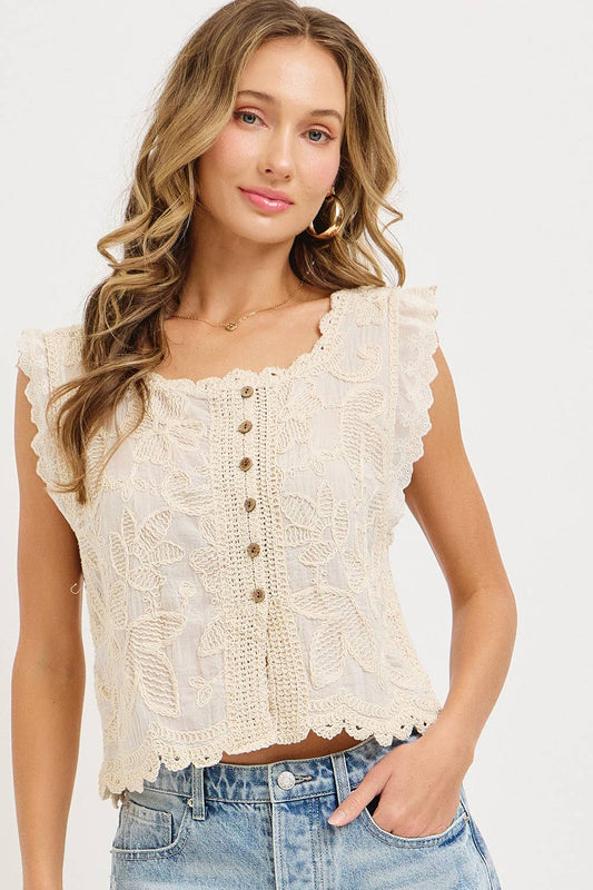 Floral Embroidery Crochet Boho Top