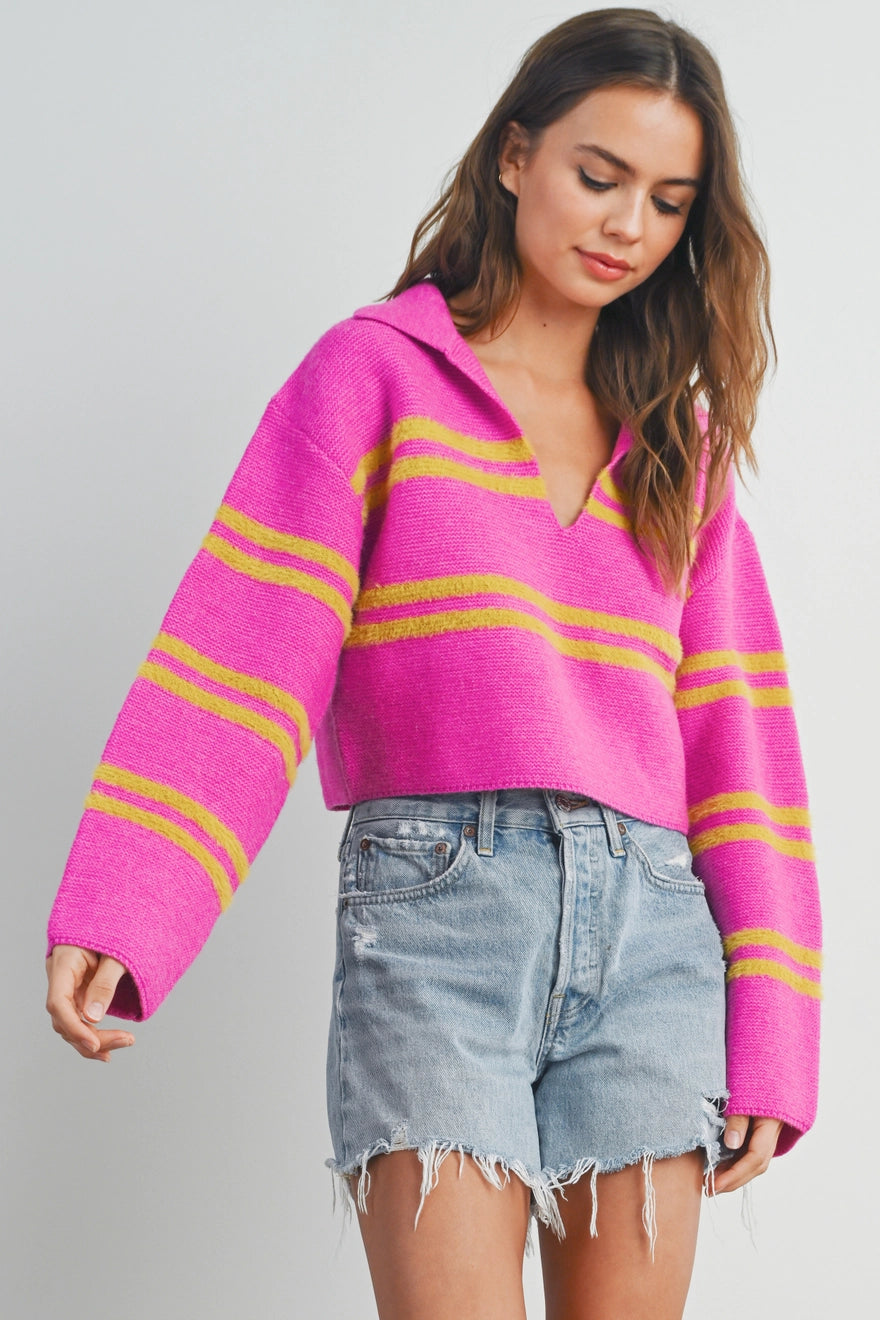 Stripe Crop Collar Sweater Top