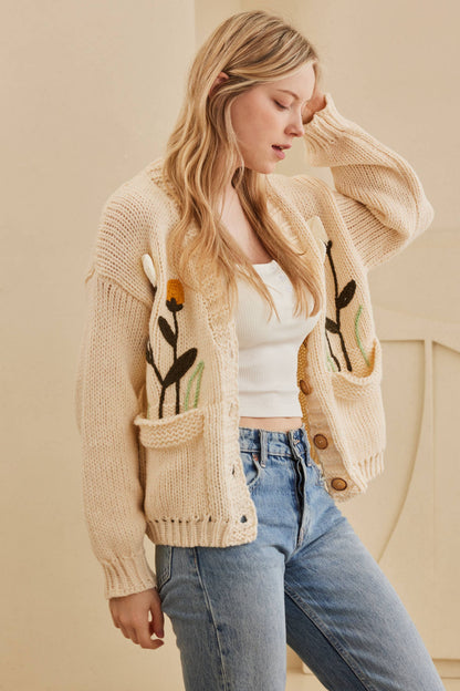 Flower Embroidered Knit Cardigan