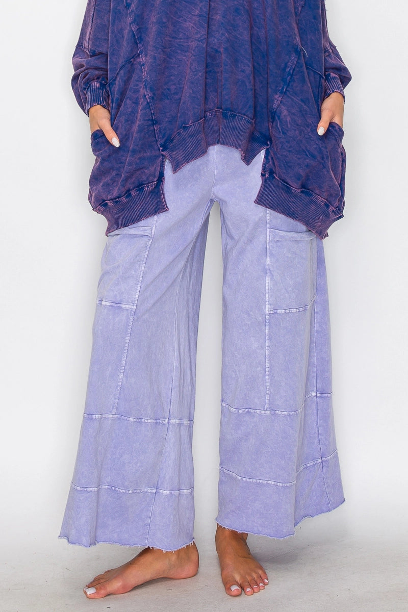 Mineral Wash Wide Leg Cropped Pants with Pockets – Light Lavender