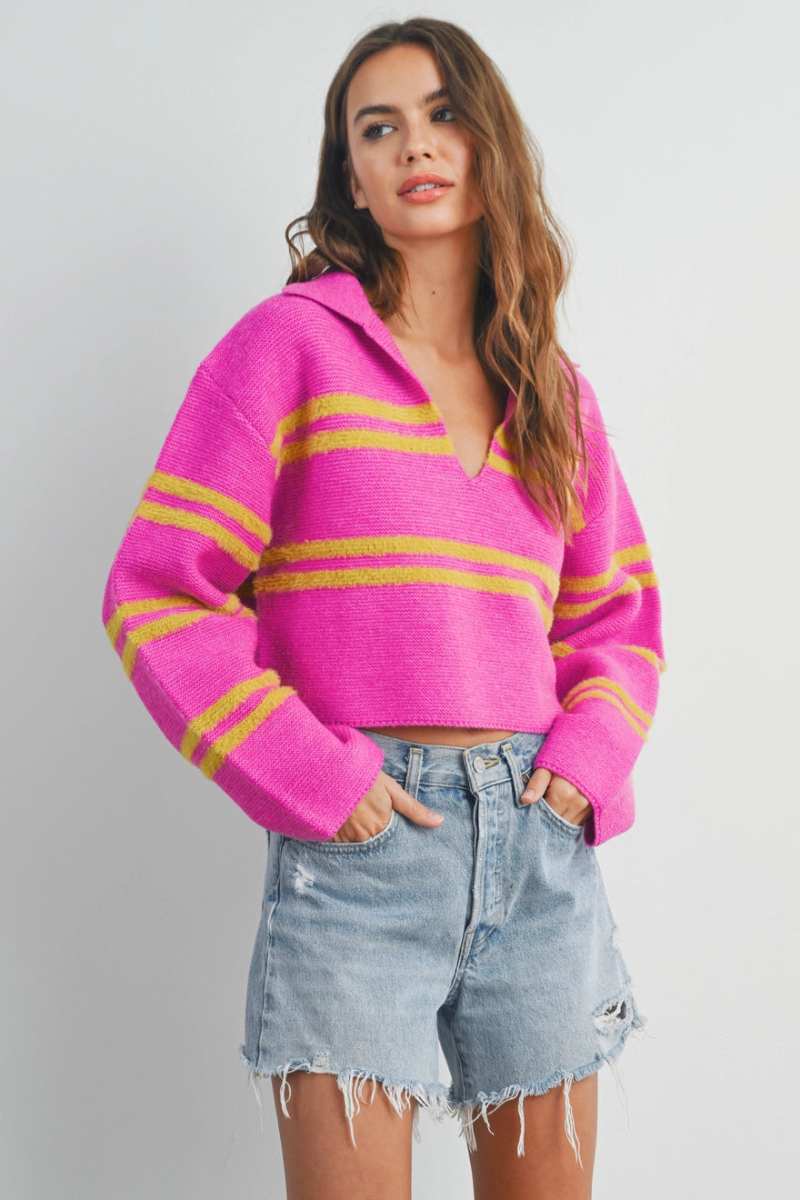 Stripe Crop Collar Sweater Top