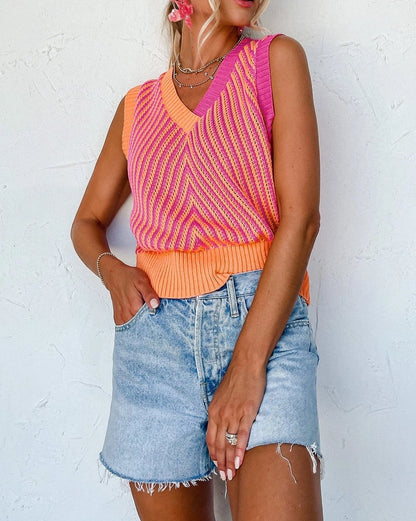 Chevron Colorblock Sleeveless Sweater Top in Strawberry Pink