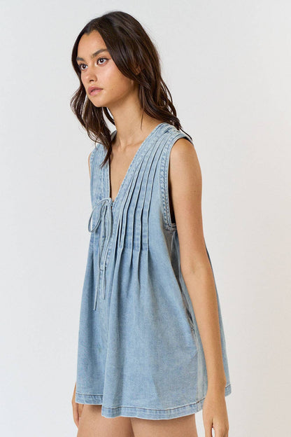 Pleated Denim Sleeveless Romper