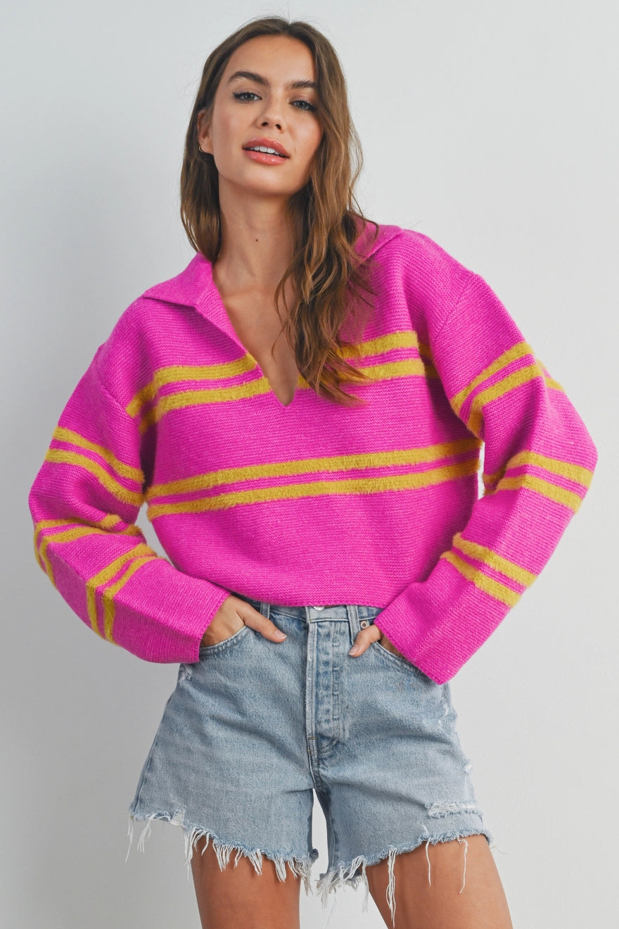  Stripe Crop Collar Sweater Top