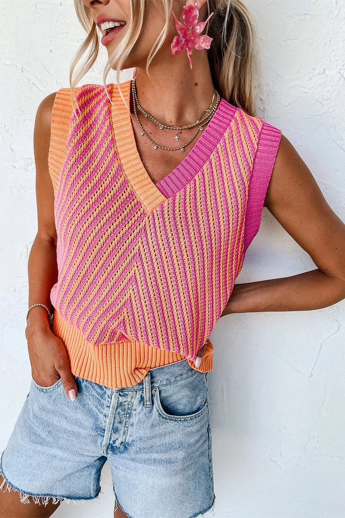 Chevron Colorblock Sleeveless Sweater Top in Strawberry Pink