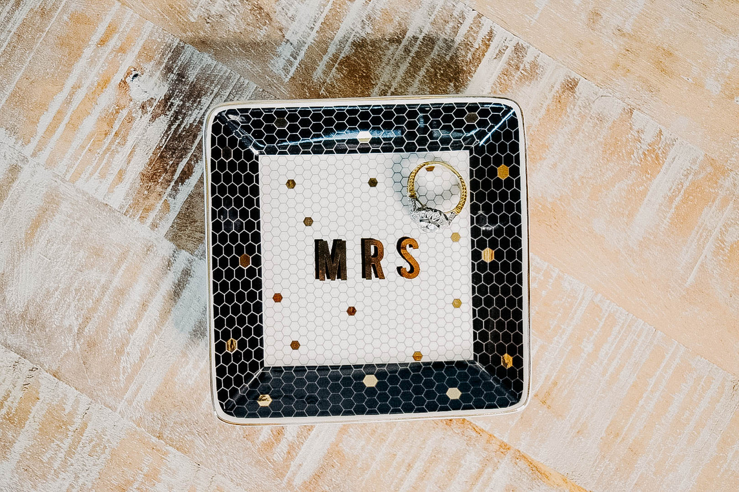 Mrs. Jewelry Dish - Black, White, Gold Honeycomb Tile - 4x4"