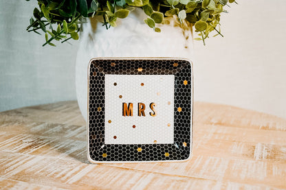 Mrs. Jewelry Dish - Black, White, Gold Honeycomb Tile - 4x4"