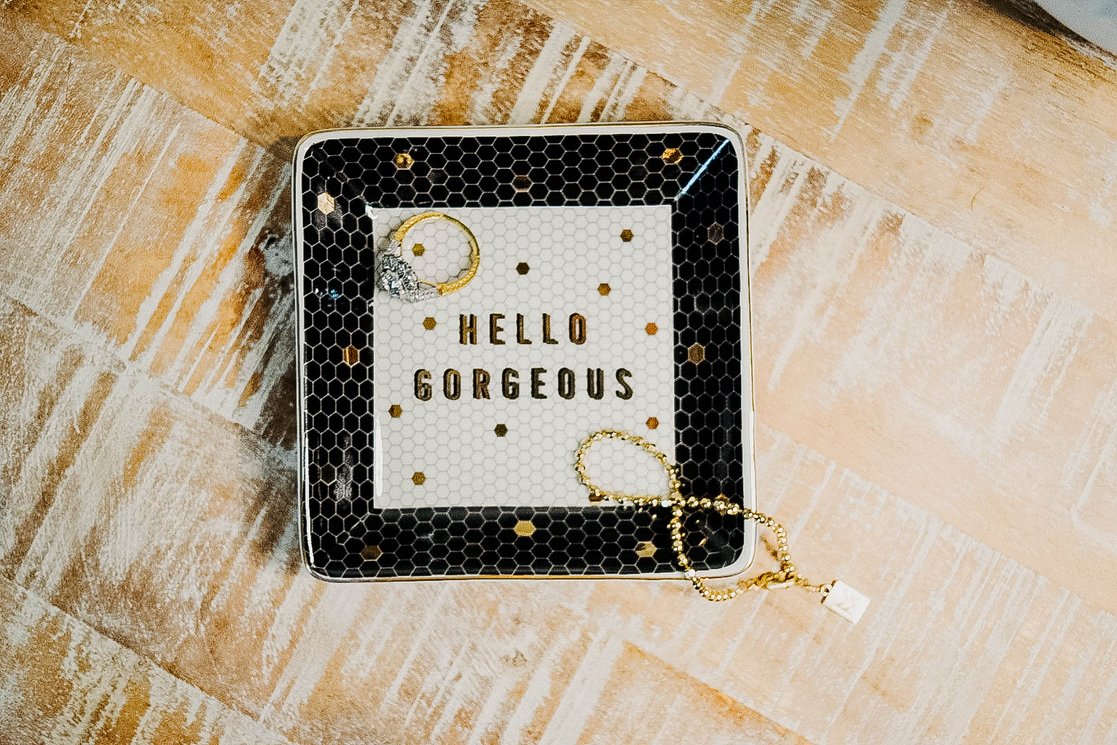 Hello Gorgeous - Honeycomb Tile Jewelry Dish - Black, Gold