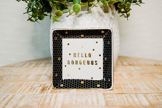 Hello Gorgeous - Honeycomb Tile Jewelry Dish - Black, Gold