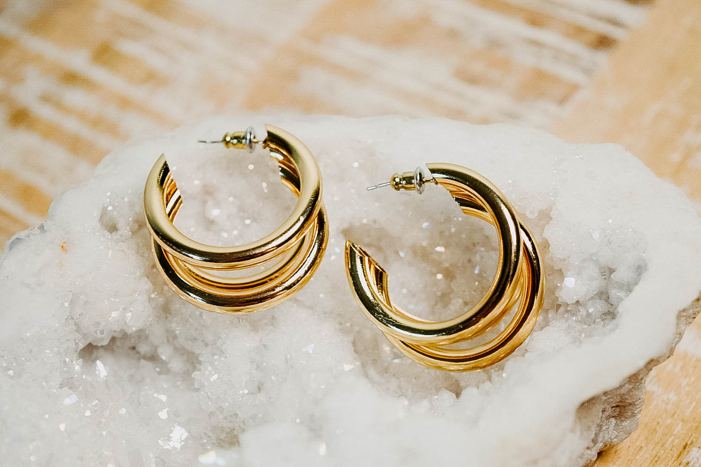 Gold Large Massive Triple Hoop Earrings