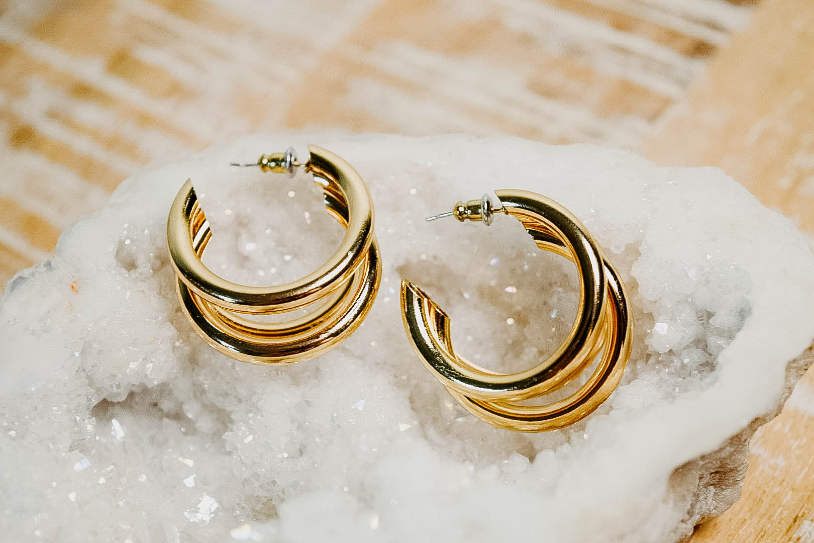 Gold Large Massive Triple Hoop Earrings