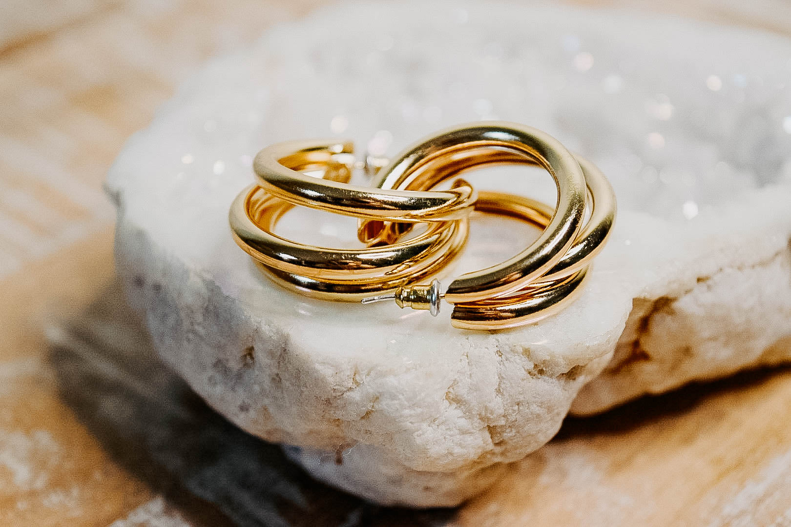 Gold Large Massive Triple Hoop Earrings