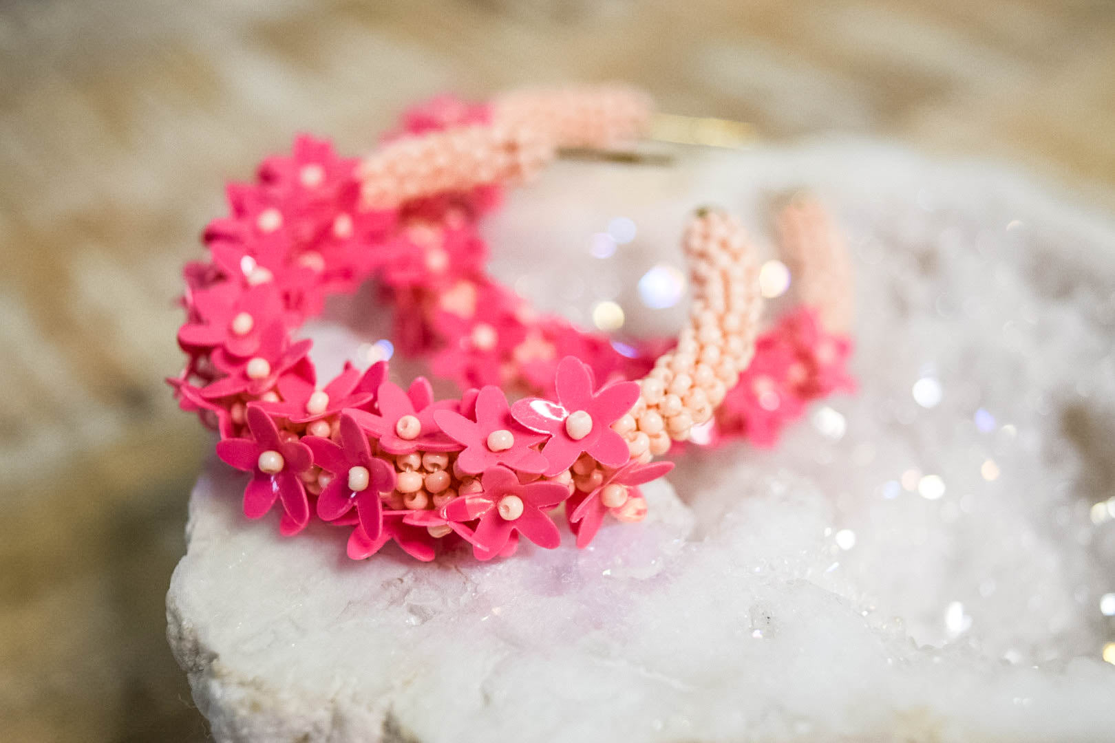 Seed Bead Flower Hoop Earrings - Hot Pink