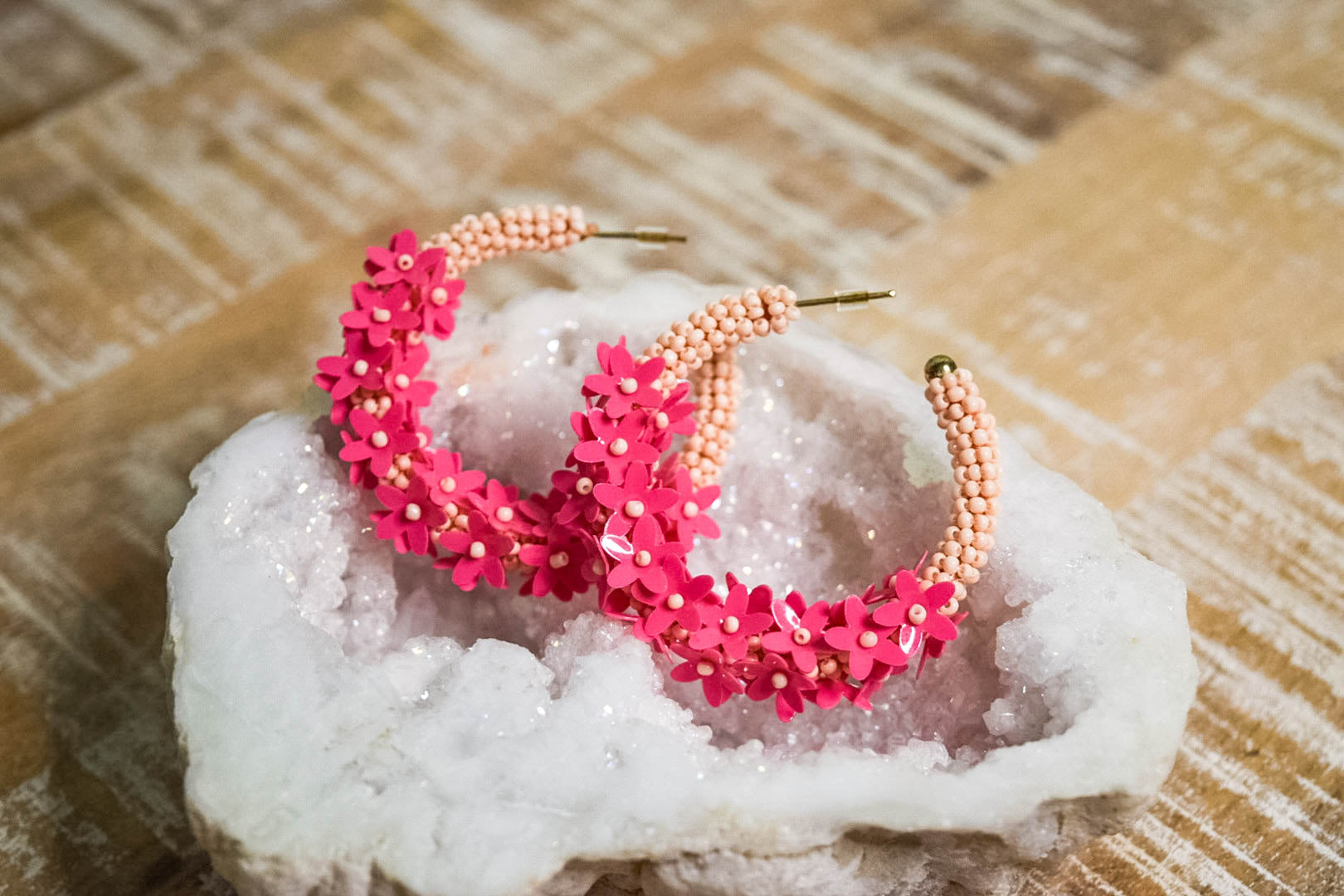 Seed Bead Flower Hoop Earrings - Hot Pink