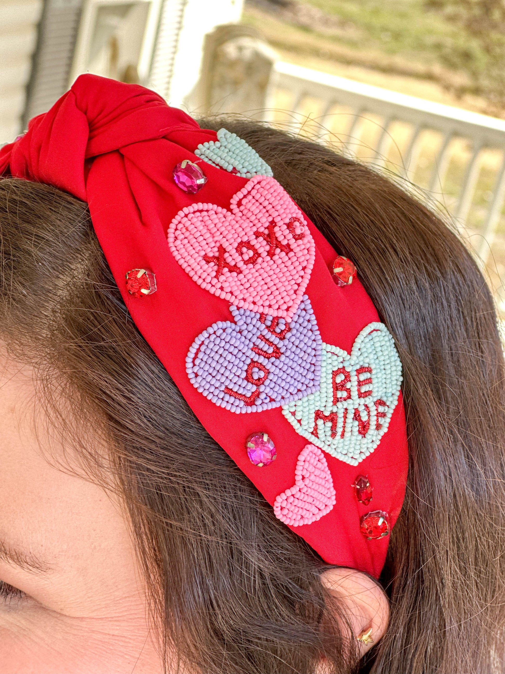 Viola Conversation Hearts Red Knotted Headband