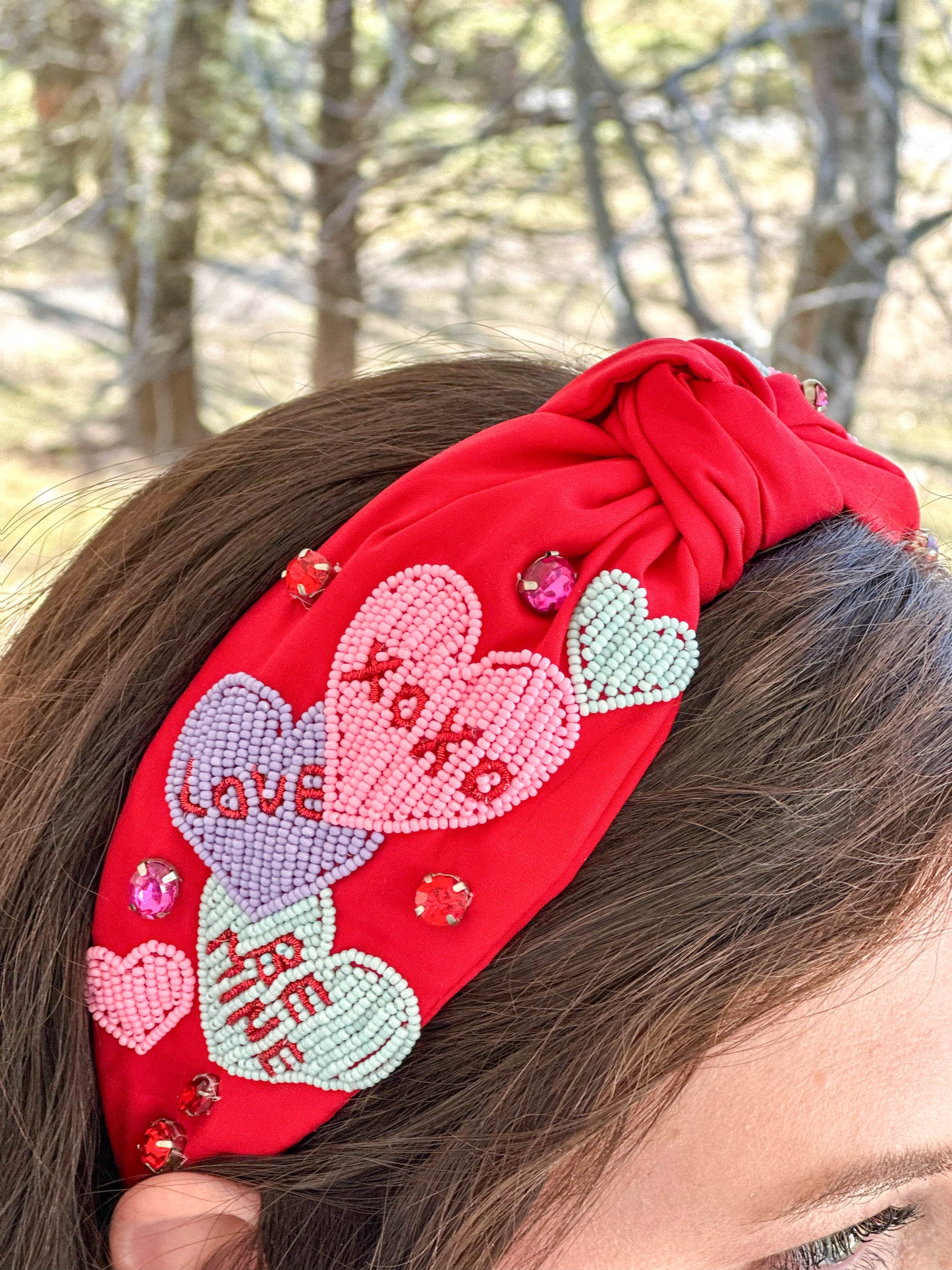 Viola Conversation Hearts Red Knotted Headband