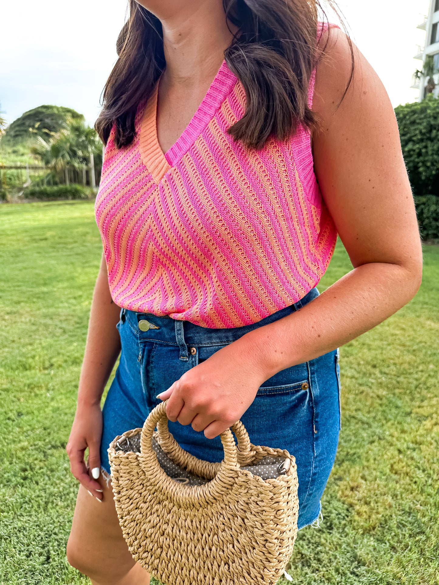 Chevron Colorblock Sleeveless Sweater Top in Strawberry Pink