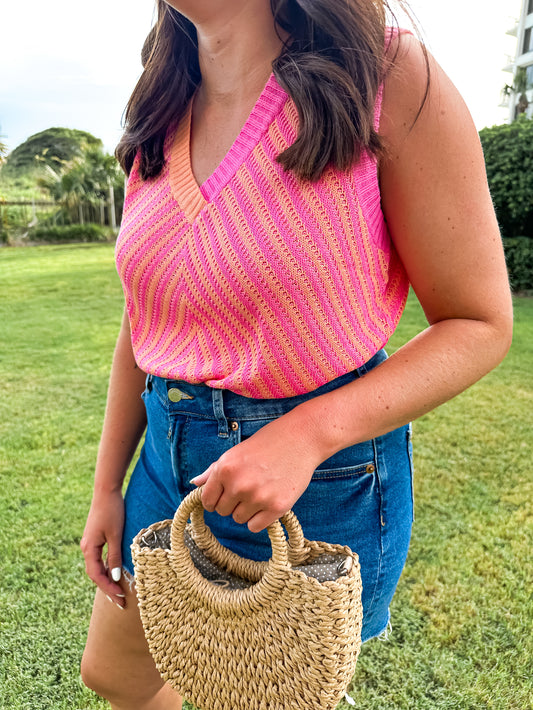 Chevron Colorblock Sleeveless Sweater Top in Strawberry Pink