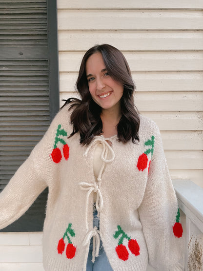 Cardigan with Laces and Cherry Pattern