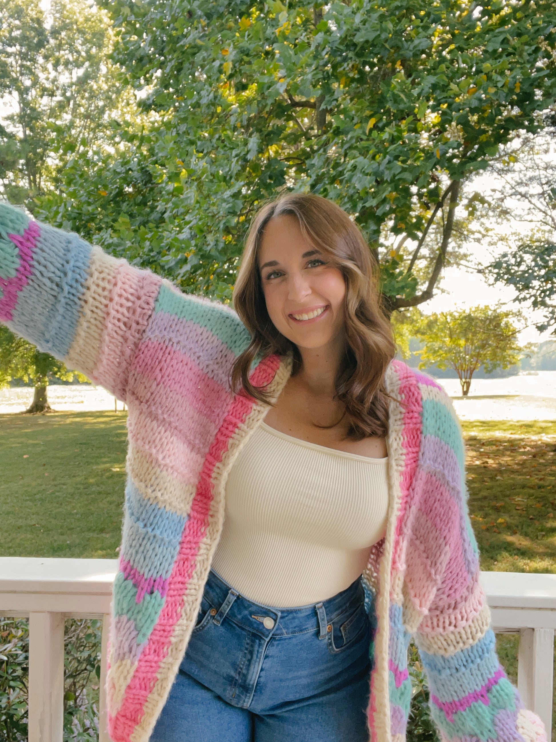 Oversized Fit Multi-Color Chunky Knit Cardigan Pink