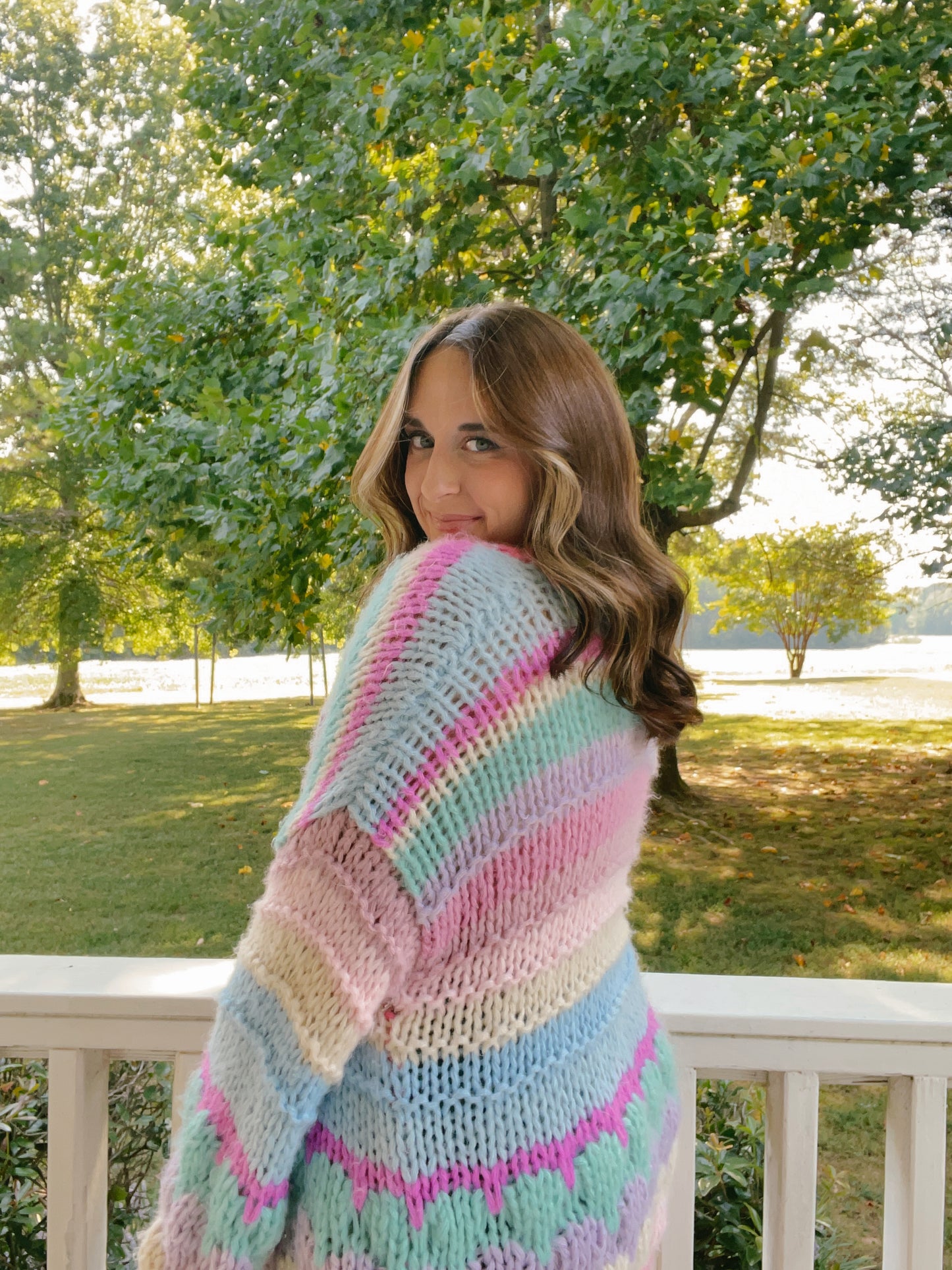 Oversized Fit Multi-Color Chunky Knit Cardigan Pink