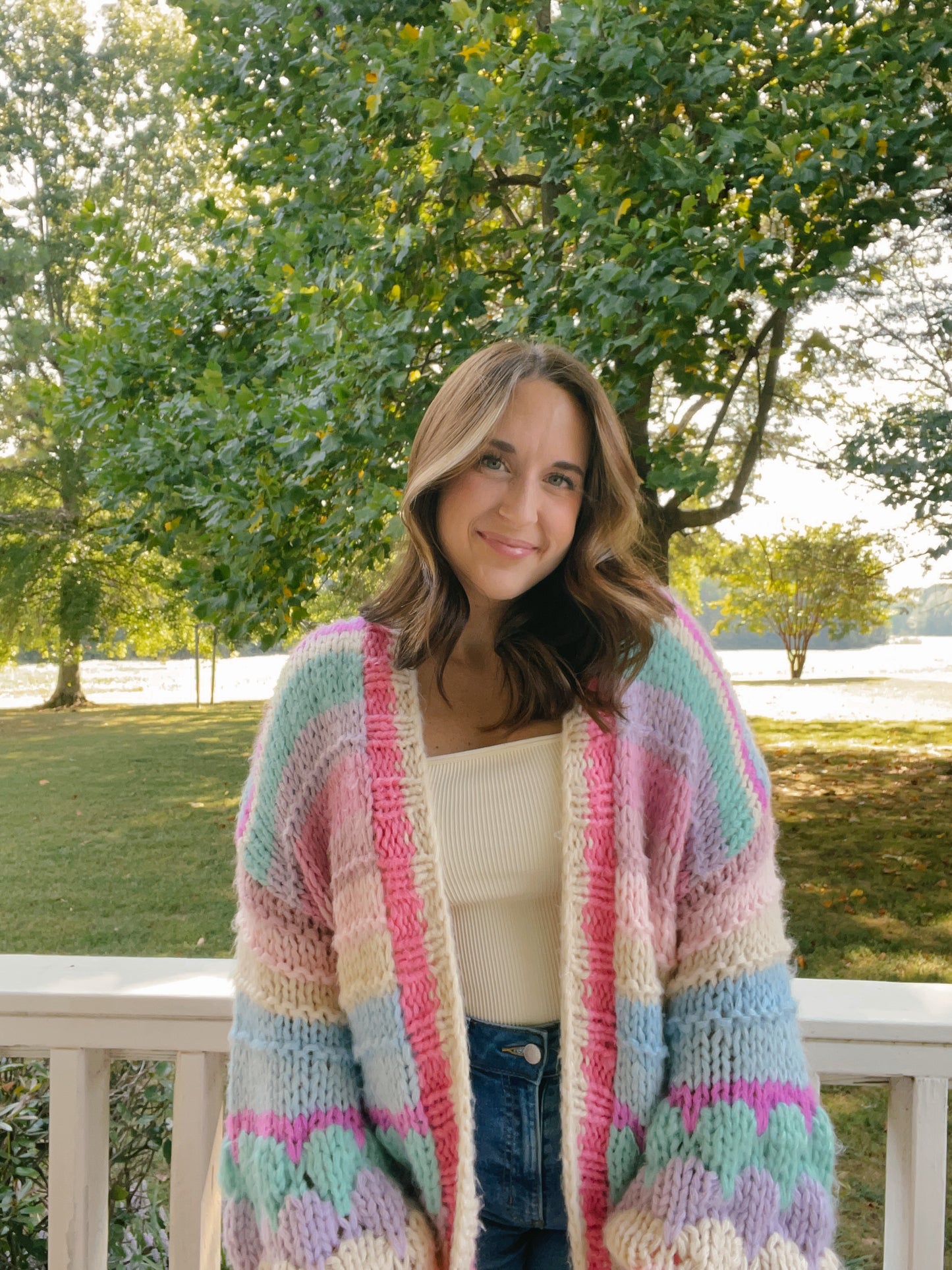 Oversized Fit Multi-Color Chunky Knit Cardigan Pink