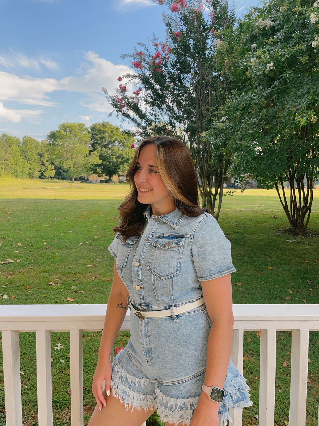 Denim Button Down Frayed Hem Romper Medium