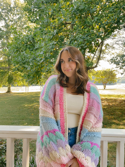 Oversized Fit Multi-Color Chunky Knit Cardigan Pink