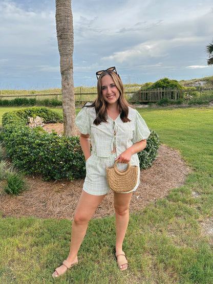 Gingham Bow Tie Front Puff Sleeve Blouse & Boxer Short Set in Green