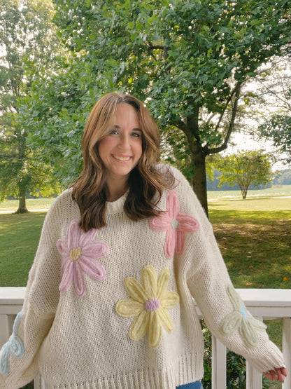 Embroidered Daisy Floral Oversized Sweater Ivory