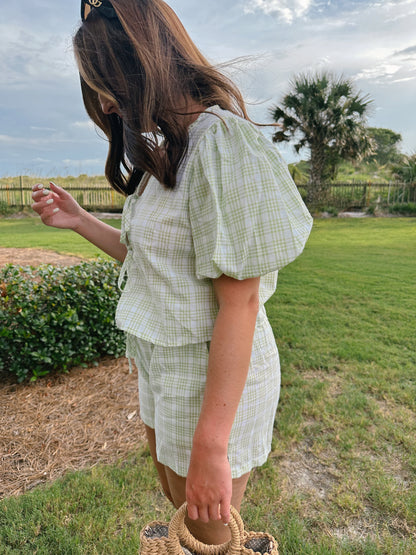 Gingham Bow Tie Front Puff Sleeve Blouse & Boxer Short Set in Green