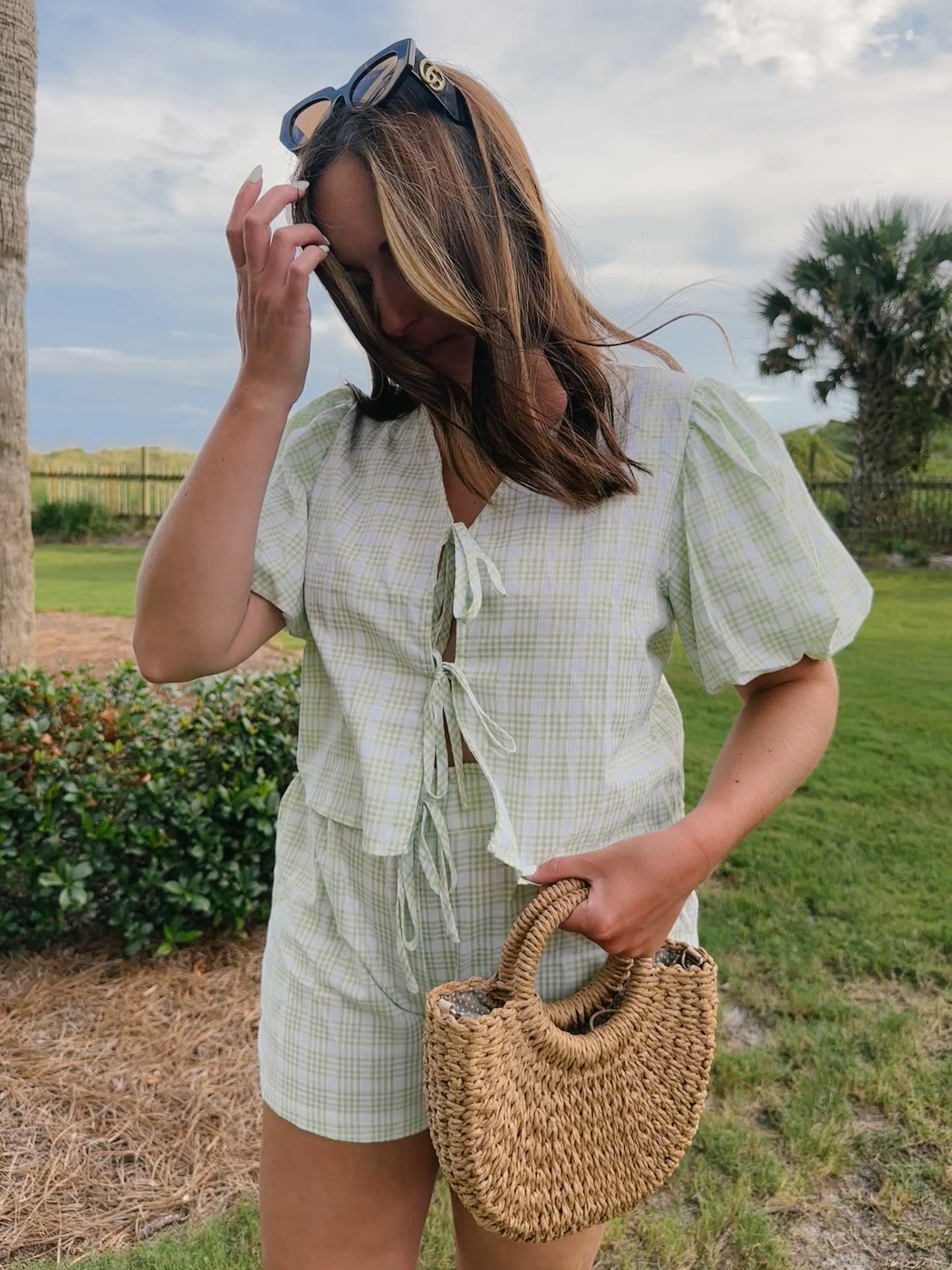 Gingham Bow Tie Front Puff Sleeve Blouse & Boxer Short Set in Green