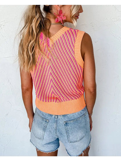 Chevron Colorblock Sleeveless Sweater Top in Strawberry Pink