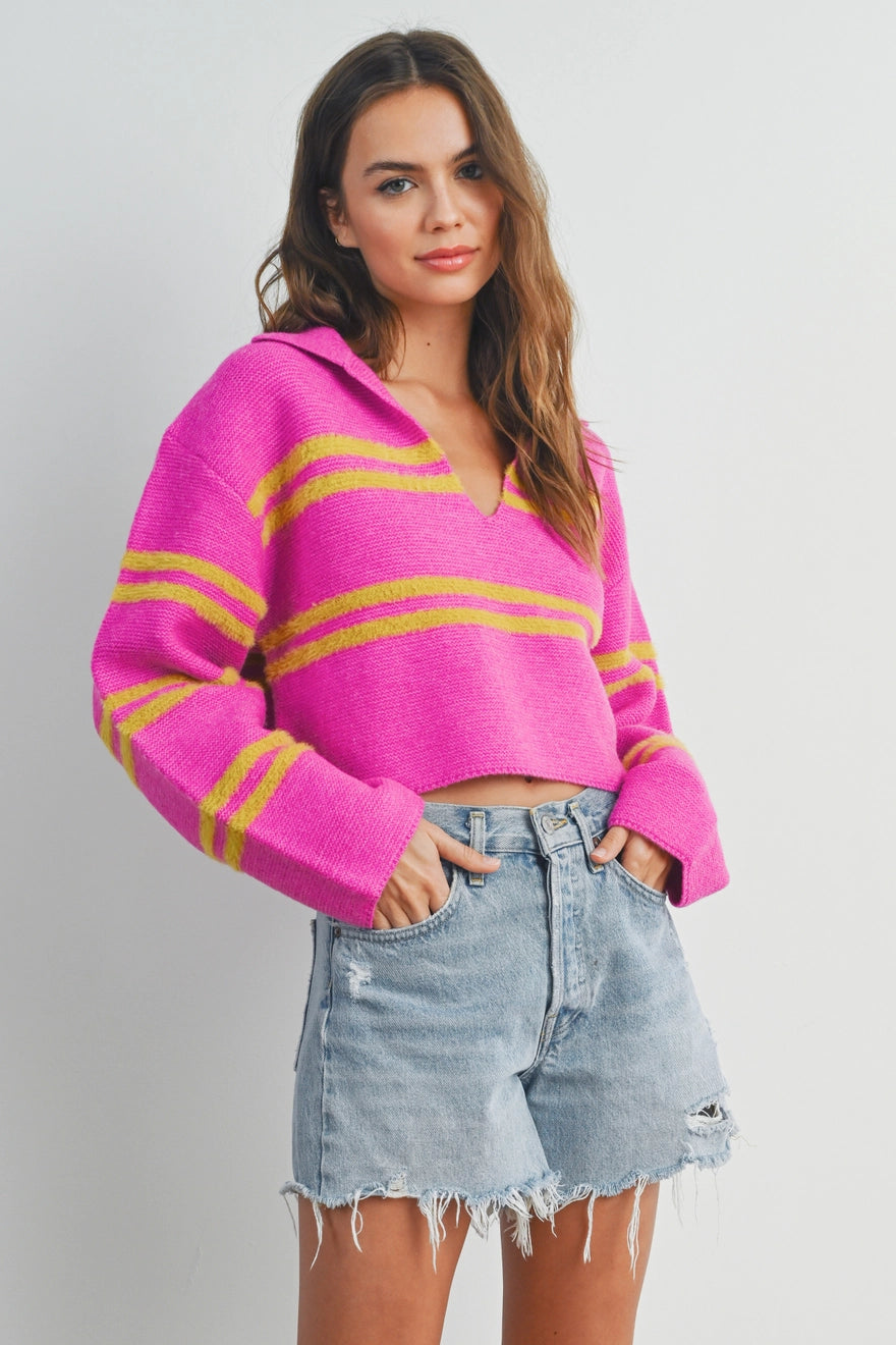 Stripe Crop Collar Sweater Top