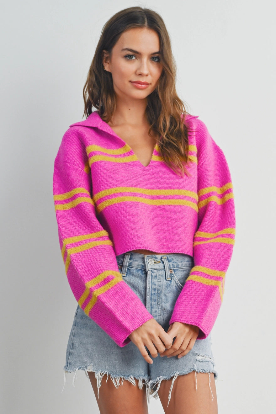  Stripe Crop Collar Sweater Top